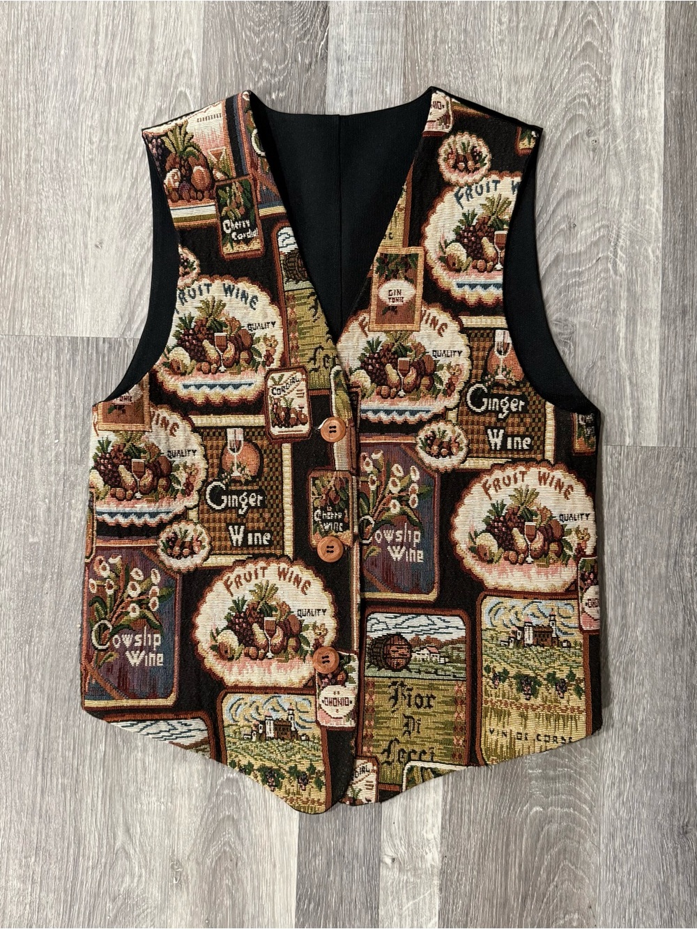 Womens Black Multicolor Tapestry Wine Pictorial Button Front Lined Vest